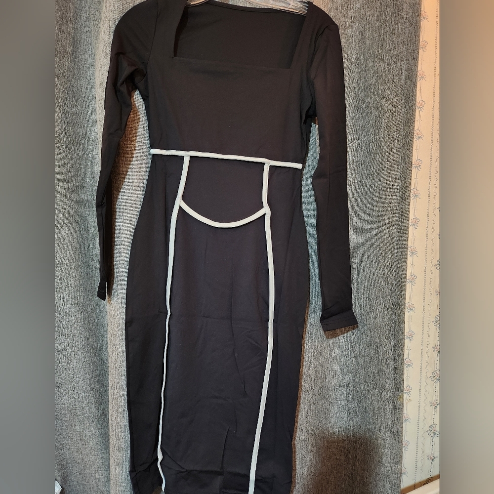Bodycon Black Dress with White Accents